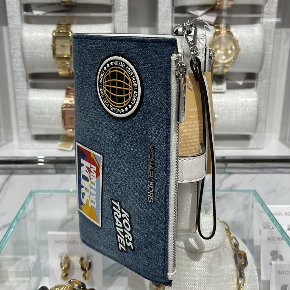 Michael Kors Jet Set Travel Large Embellished Denim Wristlet Wallet Phone Holder - Picture 15 of 16